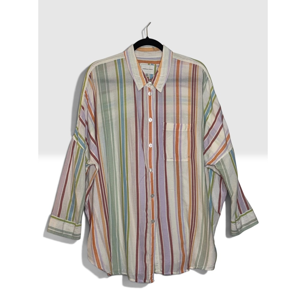 American Eagle Striped Button Down Shirt Womens Small Oversized Multi Color